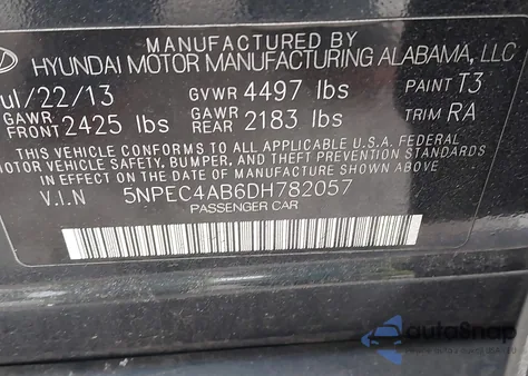 2013 Hyundai Sonata Se 2.0T из США, поврежденный, VIN 5NPEC4AB6DH782057